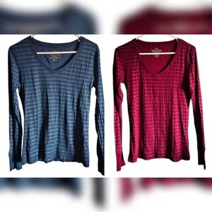 Set of 2 Faded Glory V-Neck Long Sleeve Tops Maroon & Navy Blue Metallic Stripes